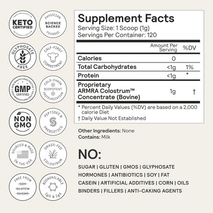 ARMRA Colostrum Powder |Gut Health & Bloating | Skin & Hair | Immunity | Keto, Gluten & Fat-Free | 90 Servings